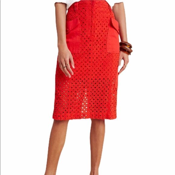 Anthropologie Red Tanya Eyelet Ted Midi Skirt New With Tag Size 2 - Picture 2 of 4